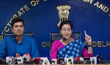 NEW DELHI INDIA OCTOBER 10 2024 Delhi Chief Minister Atishi and Delhi cabinet Minister Saurabh Bhardwaj during a press conference after Cabinet meeting at the delhi Secretariat on October 10 2024 in New Delhi India The Delhi government has increased  clipart