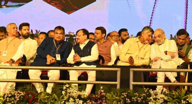 PANCHKULA INDIA 17 Ekim 2024 L 'den R' ye Nitin Gadkari Karayolları Bakanı JP Nadda Chandrabu Naidu Andhra Pradesh Amit Şah Birliği İçişleri Bakanı Rajnath Singh 'in yemin töreninde