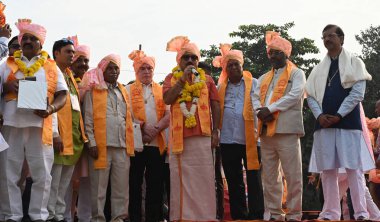 NEW DELHI INDIA OCTOBER 17 2024 Delhi BJP President Virendra Sachdeva joined the grand chariot procession Valmiki Pragat Diwas and Shobha Yatra organized at Red Fort under the aegis of Valmiki Chaudhary Sarpanch Committee and Pragototsav Committee at clipart