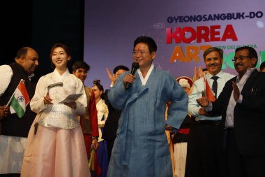 NEW DELHI INDIA MAY 23 2023 Lee Cheol Woo governor of Gyeongsangbuk do Province South Korea in blue traditional overcoat during the Indo Korean culture and camaraderie at Kamani Auditorium Mandi House on May 23 2023 in New Delhi India Dressed in colo clipart