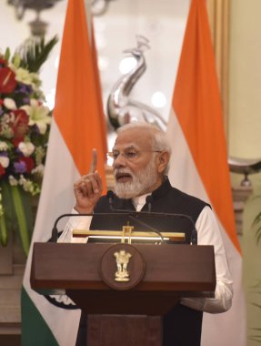 NEW DELHI INDIA HAZİRAN 12023 Başbakan Narendra Modi ile Nepal Pushpa Kamal Dahal Prachanda arasında yapılan ortak basın açıklamasında, 1 Haziran 2023 tarihinde Hindistan 'da Hyderabad House' da ve Thur 'daki Nepal' da gerçekleşen görüşme sonrasında