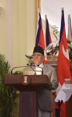 NEW DELHI INDIA JUNE 1 2023 Prime Minister of Nepal Pushpa Kamal Dahal Prachanda speaks during a joint press statement with Prime Minister Narendra Modi unseen after their meeting at the Hyderabad House on June 1 2023 in New Delhi India India and Nep clipart