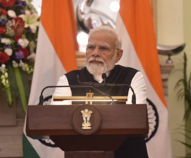 NEW DELHI INDIA HAZİRAN 12023 Başbakan Narendra Modi ile Nepal Pushpa Kamal Dahal Prachanda arasında yapılan ortak basın açıklamasında, 1 Haziran 2023 tarihinde Hindistan 'da Hyderabad House' da ve Thur 'daki Nepal' da gerçekleşen görüşme sonrasında