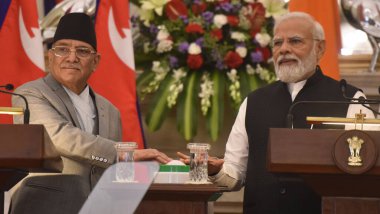 NEW DELHI INDIA JUNE 1 2023 Prime Minister Narendra Modi and Prime Minister of Nepal Pushpa Kamal Dahal Prachanda virtually launching projects during their joint press statement after a meeting at the Hyderabad House on June 1 2023 in New Delhi India clipart