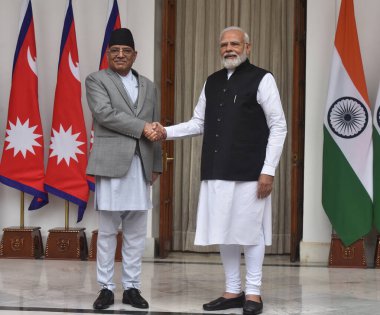 NEW DELHI INDIA HAZİRAN 12023 Başbakan Narendra Modi ve Başbakan Pushpa Kamal Dahal Prachanda, 12023 yılında Yeni Delhi Hindistan ve Nepal 'deki Hyderabad House' daki toplantıları öncesinde Perşembe günü rampayı açma girişimlerini açıkladı. 