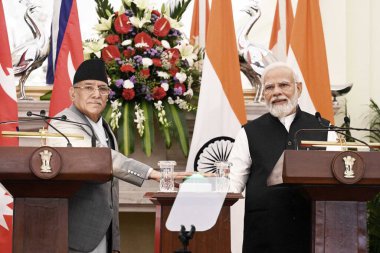 NEW DELHI INDIA JUNE 1 2023 Prime Minister Narendra Modi and Prime Minister of Nepal Pushpa Kamal Dahal Prachanda during their joint press statement after a meeting at the Hyderabad House on June 1 2023 in New Delhi India India and Nepal on Thursday  clipart