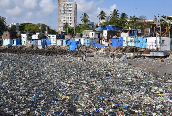 MUMBAI INDIA HAZİRAN 5 Haziran 2023 Dünya Çevre Günü Colaba 'da Badhwar Park yakınlarında görülen plastik atık 5 Haziran 2023 tarihinde Mumbai' de 
