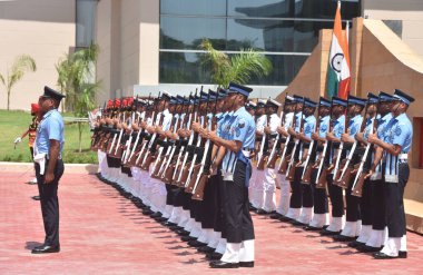 NEW DELHI INDIA JUNE 6 2023 Tri Service Guard of Honour defance persons take salute to German Federal Minister of Defence Boris Pistorius on the presence Union Defence Minister of India Rajnath Singh at Manekshaw Centre on June 6 2023 in New Delhi  clipart