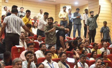 NEW DELHI INDIA JUNE 8 2023 BJP supporters shouting slogans during the Delhi Chief Minister Arvind Kejriwal session during the inauguration of the new campus of the Guru Gobind Singh Indraprastha University GGSIPU on June 8 2023 in New Delhi India Ph clipart