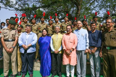 NEW DELHI INDIA JUNE 9 2023 Union Minister S Jaishankar along with Meenakshi Lekhi MOS External Affairs and Virendra Sachdeva President of Delhi BJP during in his visit to Aryabhatta College at South Campus for Samvad an interaction with students on  clipart