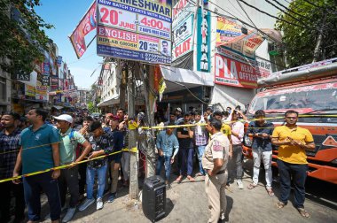 NEW DELHI INDIA JUNE 15 2023 A view outside the Coaching center where massive fire was gutted inside at Mukherjee Nagar on June 15 2023 in New Delhi India Several students escape the fire through the window with the help of wires According to officia clipart