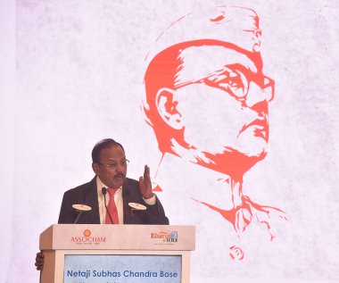 NEW DELHI INDIA JUNE 17 2023 National Security Advisor Ajit Doval addressing the Netaji Subhas Chandra Bose Memorial Lecture 2023 on June 17 2023 in New Delhi India Ajit Doval opined that the partition of India could have been avoided if Netaji Subha clipart