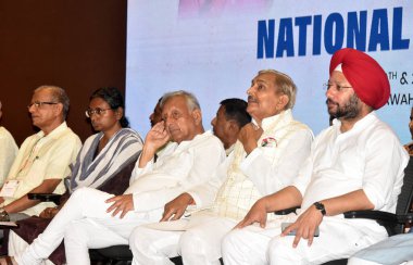 NEW DELHI INDIA JUNE 19 2023 Congress leaders Mani Shankar Aiyar Pramod Tiwari and others during the National Delegates Convention organized by the Rajiv Gandhi Panchayati Raj Sangathan at Jawahar Bhawan on June 19 2023 in New Delhi India Photo by So clipart