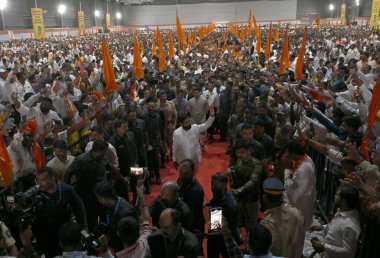 MUMBAI INDIA JUNE 19 2023 Maharashtra CM Eknath Shinde addresses a rally during the Shiv Sena 57th Foundation Day at Nesco Goregaon on June 19 2023 in Mumbai India In June 19 1966 when the late Bal Thackeray founded the Shiv Sena it was a clarion cal clipart