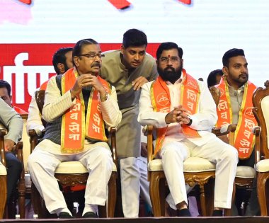 MUMBAI INDIA JUNE 19 2023 Maharashtra CM Eknath Shinde addresses a rally during the Shiv Sena 57th Foundation Day at Nesco Goregaon on June 19 2023 in Mumbai India In June 19 1966 when the late Bal Thackeray founded the Shiv Sena it was a clarion cal clipart