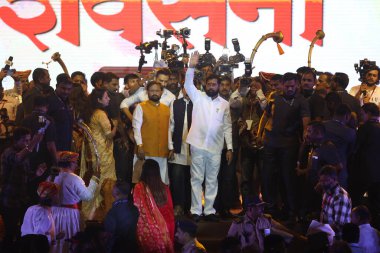 MUMBAI INDIA JUNE 19 2023 Maharashtra CM Eknath Shinde addresses a rally during the Shiv Sena 57th Foundation Day at Nesco Goregaon on June 19 2023 in Mumbai India In June 19 1966 when the late Bal Thackeray founded the Shiv Sena it was a clarion cal clipart