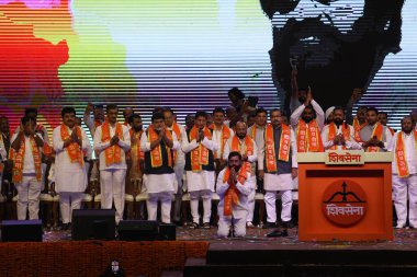 MUMBAI INDIA JUNE 19 2023 Maharashtra CM Eknath Shinde addresses a rally during the Shiv Sena 57th Foundation Day at Nesco Goregaon on June 19 2023 in Mumbai India In June 19 1966 when the late Bal Thackeray founded the Shiv Sena it was a clarion cal clipart