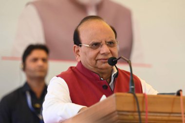 NEW DELHI INDIA JUNE 26 2023 Vinai Kumar Saxena Lieutenant Governor of Delhi addresses during a Mass drug destruction program on the occasion of International Day against Drugs Abuse and Illicit Trafficking at a Facility in SSI Industrial Area Jahang clipart