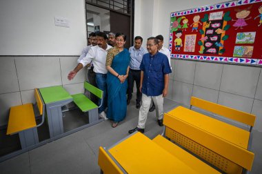 NEW DELHI INDIA JUNE 26 2023 Arvind Kejriwal Chief Minister of Delhi along with Atishi Education Minister of Delhi take a look at the classrooms during the inauguration of a newly constructed School by Delhi Government at Sarvodaya Co Ed School Libas clipart