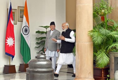 NEW DELHI INDIA JUNE 1 2023 Prime Minister Narendra Modi with Prime Minister of Nepal Pushpa Kamal Dahal Prachanda arrive for their meeting at the Hyderabad House on June 1 2023 in New Delhi India India and Nepal on Thursday unveiled initiatives to r clipart