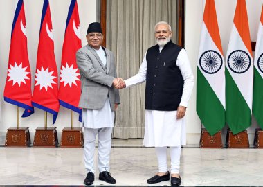 NEW DELHI INDIA JUNE 1 2023 Prime Minister Narendra Modi with Prime Minister of Nepal Pushpa Kamal Dahal Prachanda before their meeting at the Hyderabad House on June 1 2023 in New Delhi India India and Nepal on Thursday unveiled initiatives to ramp  clipart