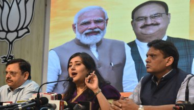 NEW DELHI INDIA JUNE 2 2023 Delhi BJP leader Bansuri Swaraj and other leaders addressing a press conference on important issues at Delhi BJP office on June 2 2023 in New Delhi India Photo by Sonu Mehta Hindustan Times clipart