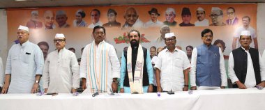 PATNA INDIA JUNE 3 2023 Bihar Congress president Akhilesh Prasad Singh with party leaders Shakti Singh Gohil Bhakt Charan Das Tariq Anwar and others taking two minute silents to pray for people who killed in Odhisha train accident during party legisl clipart