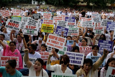 NEW DELHI INDIA: 4 Haziran 2023 - Meitei halkı 4 Haziran 2023 tarihinde Yeni Delhi 'de Manipur' da devam eden şiddete karşı Jantar Mantar 'da protesto eylemi düzenledi. 