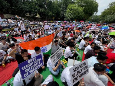 NEW DELHI, INDIA: 4 Haziran 2023 - Meitei halkı Manipur 'da devam eden şiddete karşı Jantar Mantar' da protestoya başladı.. 