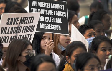 NEW DELHI INDIA 4 Haziran 2023 Meitei Meitei halkı 4 Haziran 2023 tarihinde Yeni Delhi 'de Jantar Mantar' da düzenlenen protestoya katıldı.