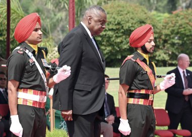 NEW DELHI, INDIA: JUNE 5 2023 US Secretary of Defence Lloyd Austin inspects a Tri services Guard of Honour upon his arrival at Manekshaw Centre on June 5 2023 in New Delhi India (Photo by Sanjeev Verma Hindustan Times) clipart