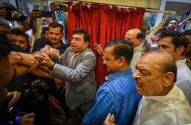 NEW DELHI INDIA JUNE 8 2023 Delhi Lt Governor Vinai Kumar Saxena Delhi Chief Minister Arvind Kejriwal Delhi Education Minister Atishi Marlena BJP MP Gautam Gambhir and BJP MLA Om Prakash Sharma at the inauguration of the new campus of the Guru Gobind clipart