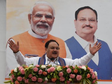 NEW DELHI INDIA JUNE 9 2023 BJP National President JP Nadda address the Party Senior Leaders and Workers during the lay foundation for Delhi BJP Office Building at Pocket 5 Deen Dayal Upadhyay Marg on June 9 2023 in New Delhi India Photo by Sonu Meht clipart