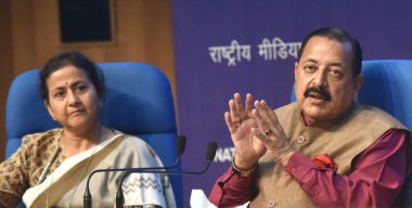 NEW DELHI INDIA JUNE 9 2023 Union Minister of State in the Ministry of Personnel Public Grievances and Pensions Jitendra Singh with others department officers briefing the media about Nine Year Achievements of Ministry of Personnel Public Grievances  clipart