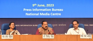 NEW DELHI INDIA 9 Haziran 2023 Personel Bakanlığı Devlet Bakanı Kamu Şikayetleri ve Emeklilik Hizmetleri Jitendra Singh, dokuz yıllık personel başarıları hakkında basına brifing verdi. 