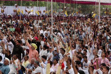 Delhi Chief Minister Arvind Kejriwal and other AAP leaders addressing a massive public rally at Ramlila Maidan against the Centre s Ordinance on Delhi services on June 11 2023 in New Delhi India  clipart