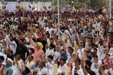 Delhi Chief Minister Arvind Kejriwal and other AAP leaders addressing a massive public rally at Ramlila Maidan against the Centre s Ordinance on Delhi services on June 11 2023 in New Delhi India  clipart