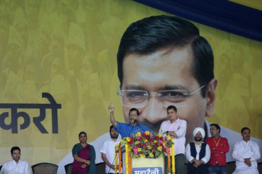 Delhi Chief Minister Arvind Kejriwal and other AAP leaders addressing a massive public rally at Ramlila Maidan against the Centre s Ordinance on Delhi services on June 11 2023 in New Delhi India  clipart