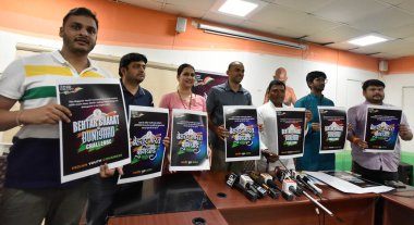 NEW DELHI INDIA JUNE 16 2023 Indian Youth Congress National President Srinivas BV and National In charge Krishna Allavaru and others during the launch of a poster Behtar Bharat Ki Buniyaad for the campaign at IYC party office on June 16 2023 in New D clipart