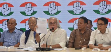 NEW DELHI INDIA JUNE 17 2023 Congress leader Jairam Ramesh Member of the Manipur Legislative Assembly Okram Ibobi Singh and leaders of 10 Like Minded Opposition Parties in Manipur during a press conference over violence in Manipur at AICC HQ on June  clipart