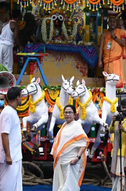 KOLKATA INDIA JUNE 20 2023 Chief Minister of West Bengal Mamata Banerjee inaugurates International Society for Krishna Consciousness ISKCON Rath Yatra on June 20 2023 in Kolkata India The Jagannath Puri Rath Yatra is an annual festival celebrated in  clipart