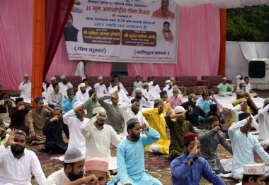 LUCKNOW INDIA JUNE 21 2023 Muslims Students of Darul Uloom Warsia participating yoga event on the occasion of International Yoga Day at Vishal Khand area on June 21 2023 in Lucknow India Photo by Deepak Gupta Hindustan Times clipart