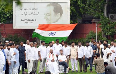 NEW DELHI INDIA JUNE 26 2023 Congress President Mallikarjun Kharge with party leader Rahul Gandhi during a meeting where several former Bharat Rashtra Samithi BRS leaders joined Congress at AICC headquarters on June 26 2023 in New Delhi India Photo b clipart