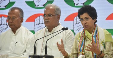 NEW DELHI INDIA JUNE 28 2023 Congress party briefing by General Secretary AICC Kumari Selja Chief Minister of Chhattisgarh Bhupesh Baghel PCC President Chhattisgarh Mohan Markam and other Ministers and leaders addressing a press conference after meet clipart