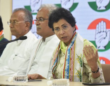 NEW DELHI INDIA JUNE 28 2023 Congress party briefing by General Secretary AICC Kumari Selja Chief Minister of Chhattisgarh Bhupesh Baghel PCC President Chhattisgarh Mohan Markam and other Ministers and leaders addressing a press conference after meet clipart