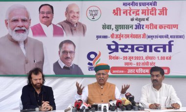 NEW DELHI INDIA JUNE 29 2023 Member of Parliament North West Delhi Hans Raj Hans along with Minister of Law and Justice and Minister of State for Parliamentary Affairs and Culture Arjun Ram Meghwal and others addressing a press conference on the comp clipart