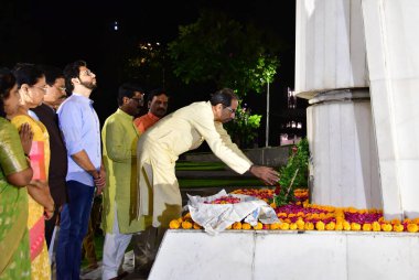 MUMBAI INDIA MAY 1 2023 Former Maharashtra CM Uddhav Thackeray along with Shivsena UBT legislator Aaditya Thackeray and others paid tribute to those who sacrificed their lives during the Samyukta Maharashtra Movement at Hutatma Chowk Fort on May 1 20 clipart