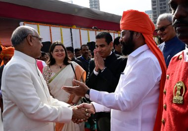 MUMBAI INDIA MAY 1 2023 Maharashtra Governor Ramesh Bais interacts with CM Eknath Shinde after Maharashtra Day commemorative parade at Shivaji Park Dadar on May 1 2023 in Mumbai India Photo by Anshuman Poyrekar Hindustan Times clipart