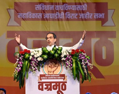 MUMBAI INDIA MAY 1 2023 Shiv Sena Uddhav Balasaheb Thakeray leader Uddhav Thackeray addresses the gathering in the presence of NCP leaders Ajit Pawar Jayant Patil and Jitendra Awhad Congress leaders Nana Patole Balasaheb Thorat and Ashok Chavan durin clipart