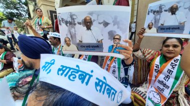 MUMBAI INDIA MAYIS 12023 NCP Liderleri ve Sharad Pawar destekçileri, 2 Mayıs 2023 'te Mumbai' de Hindistan 'daki Sharad Pawar ofisinin önünde parti başkanlığından istifa etmesi sonrasında istifa etmesi için dayanışma içinde bir Dharna sahneledi. 